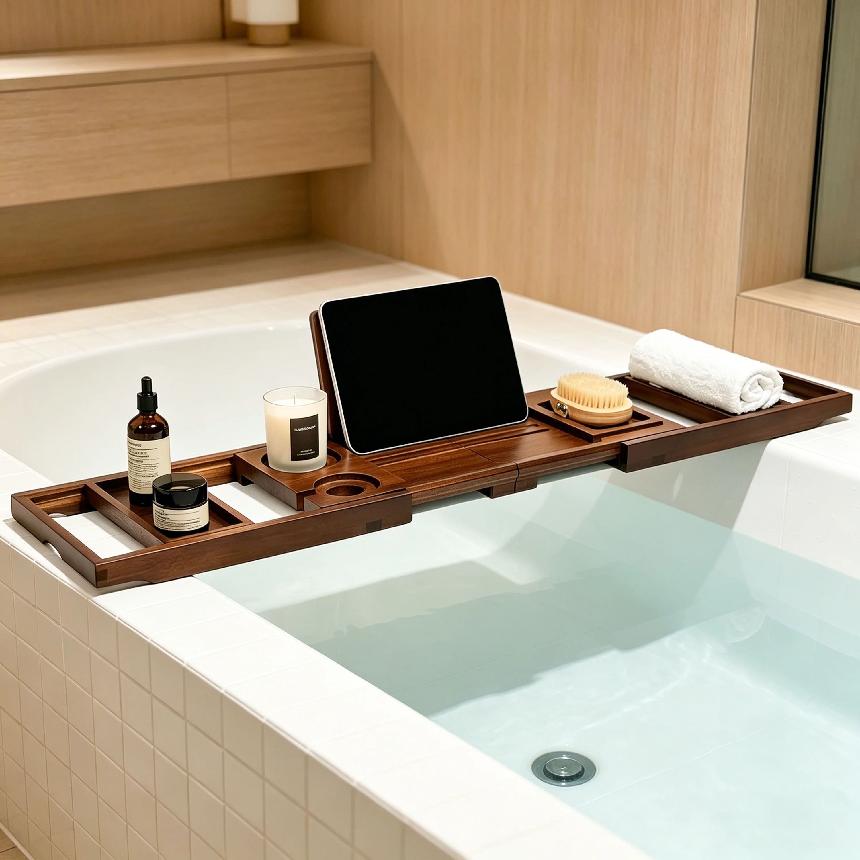 Expandable Wood Bathtub Tray With Wine Glass Holder Bathroom Stand Bookshelf Reading Spa and Relaxation Experience for Bathroom