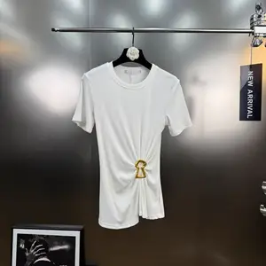 Wholesale 2026 summer new fashion casual round neck short sleeve slim fit irregular pleated metal buckle women's T-shirt