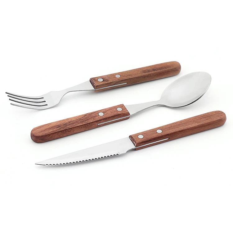 Simple Spoon Fork Knife Wooden Slender Handle Flatware Set 4 pieces Silverware Eating Utensils Set Matte Silver Cutlery