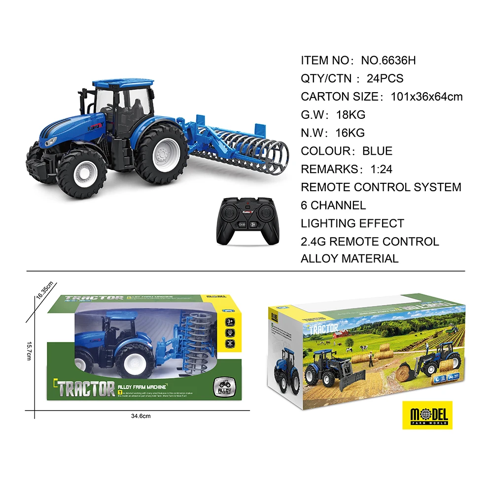 2.4GHZ 6 CH 1/24 Scale Model John & Deered Diecast Farmer Vehicle Toys RC Tractor With Flattening
