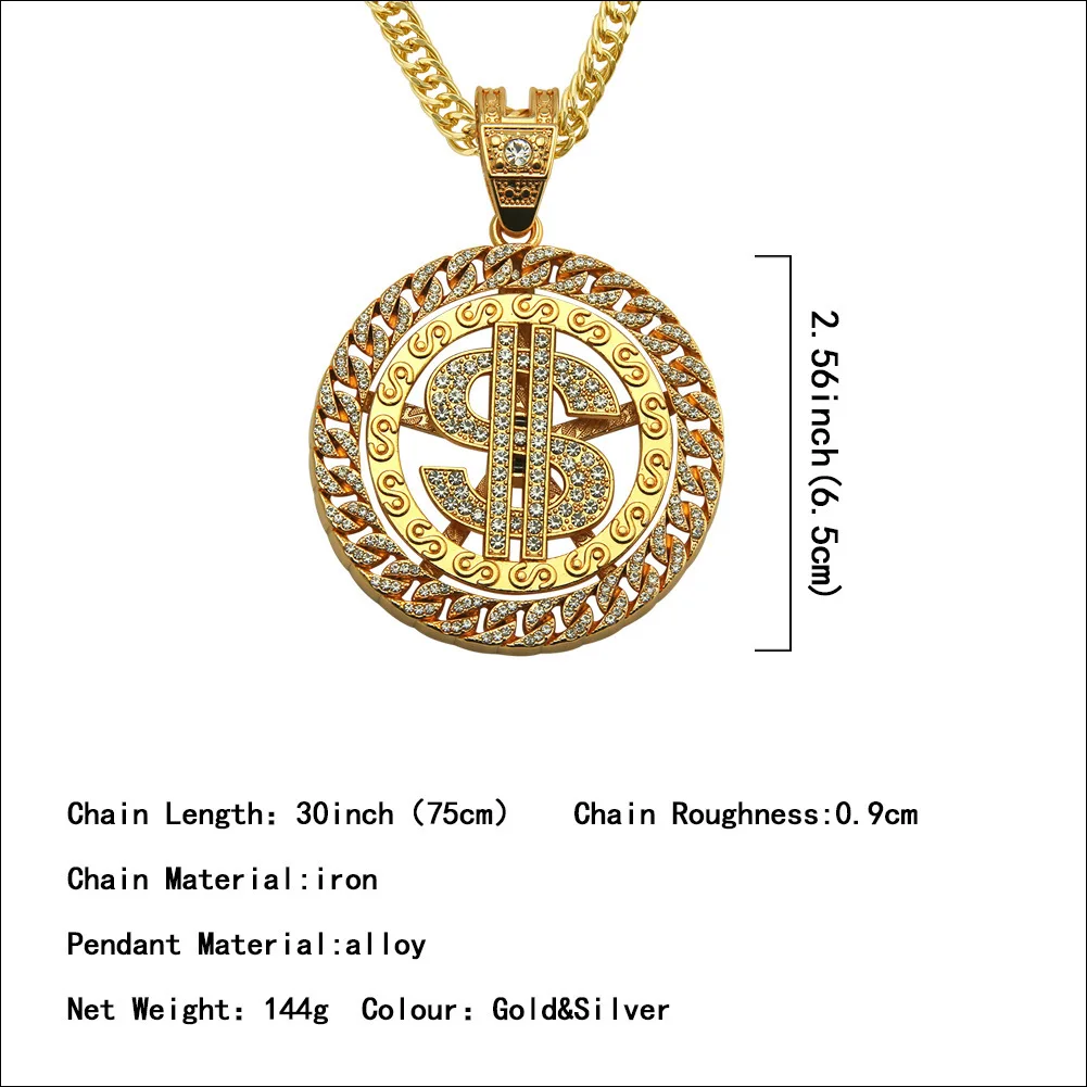 Silver Gold Plated Iced Out Hip Hop Twist Link Chain Necklace Dollar Money  Shape HipHop Rapper Necklace Jewelry