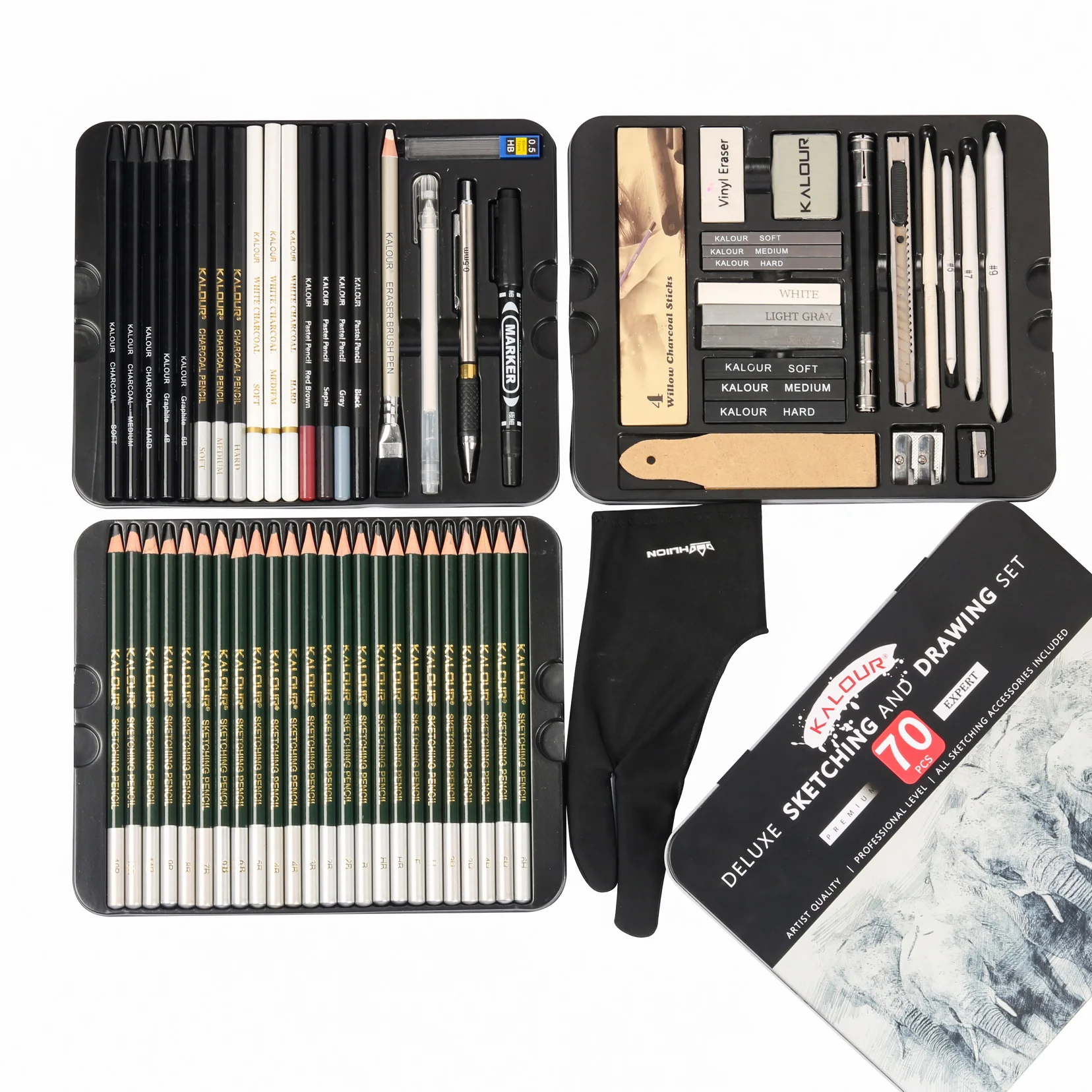 KALOUR 72-Pack Sketch Drawing Pencils Kit with Sketchbook and 3-Color Drawing Paper,Tin Box,Include Graphite,Charcoal,Drawing Glove and Artists