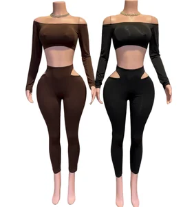 Viviblook J25ST318 Autumn Winter Outfits Sexy Long Sleeved Crop Top with Hollowed Out Tight Pants 2 Piece Set for Women