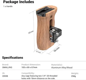SMALLRIG Side Wooden Handle Grip for DSLR Camera Cage W/Cold Shoe Mount Threaded Holes Direction Changeable - 2093 product image