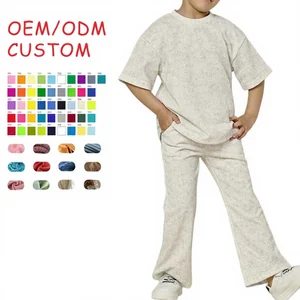 OEM ODM Summer Plain Solid Blank Children Boys Sportswear Girls Kids 2 Piece T-Shirt Wide Pants Set Children's Clothing Set