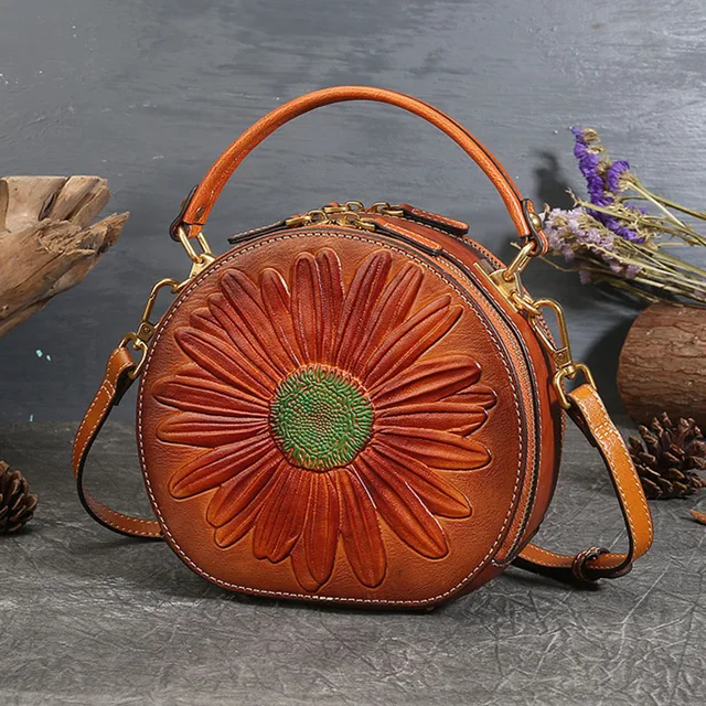 New Arrival Women's Retro Guofeng Bag Top Grain Cowhide Genuine Leather Vintage Style Zip Closure Shoulder Crossbody Handbag