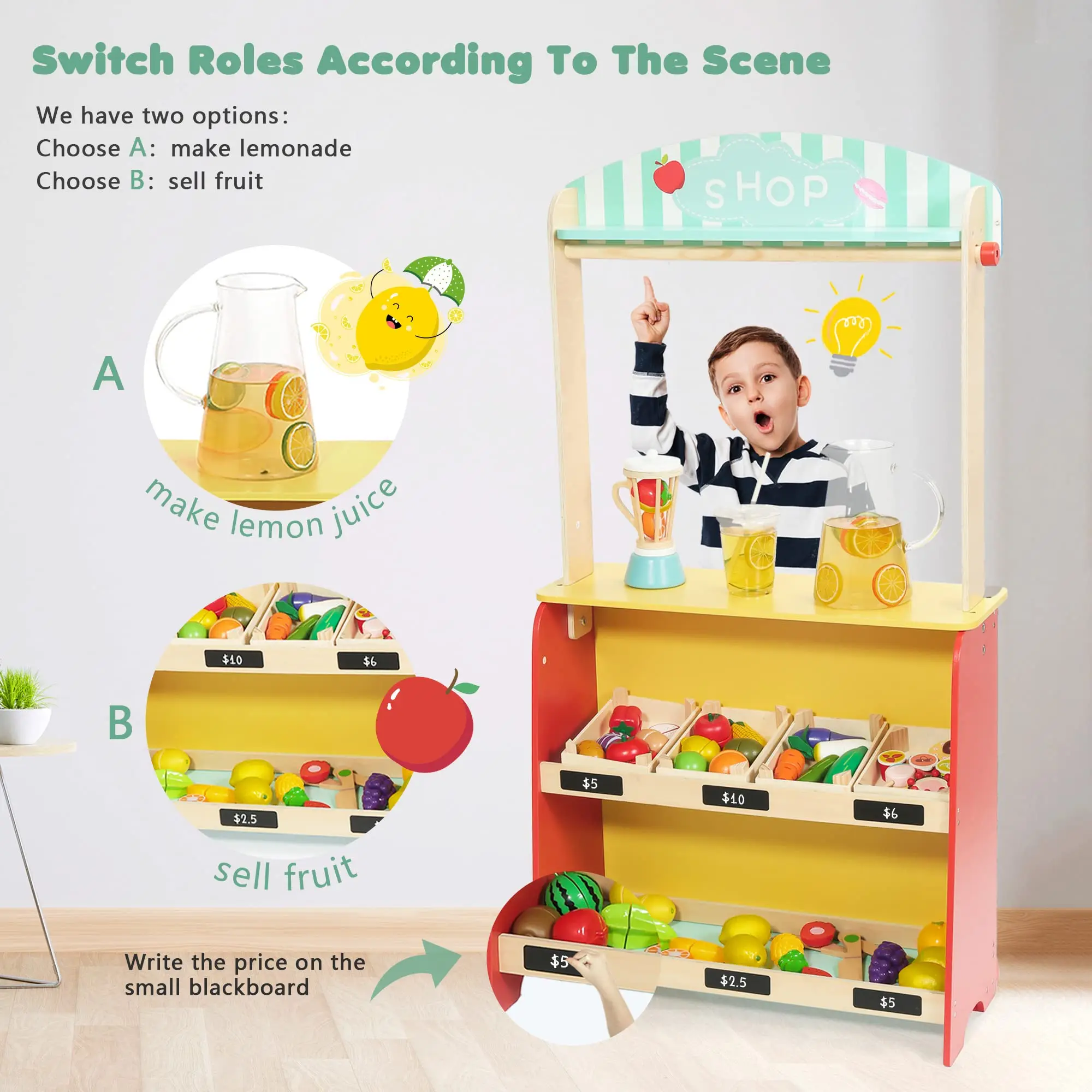 New Design Double-sided Puppet Stage With Chalkboard role Play Fruit Display Shop Kids Wooden Pretend Theatre