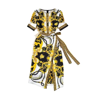 Customize Casual Dress with Neck Short Sleeve Asymmetrical A-Line Print Eco-Friendly Digital Woven Empire Waistline Midi Length