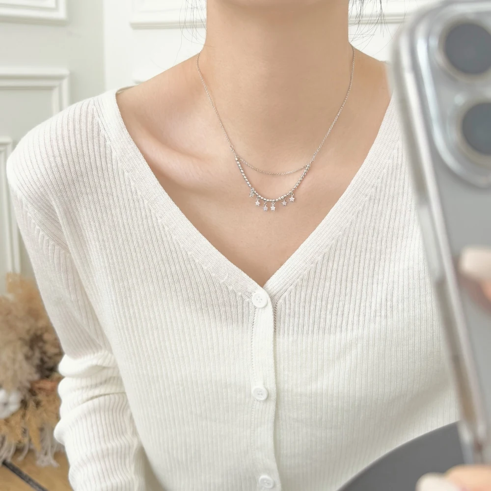 KAKODIY new pendant necklace double-layer chain buckle 5A zirconia tassel multi-star pendant women's necklace detail 3