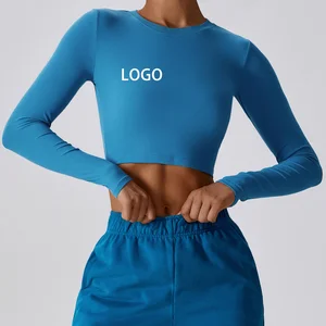 Custom Logo Women Long Sleeve Compression Soft Slimming Cropped Ribbed Yoga T Shirts