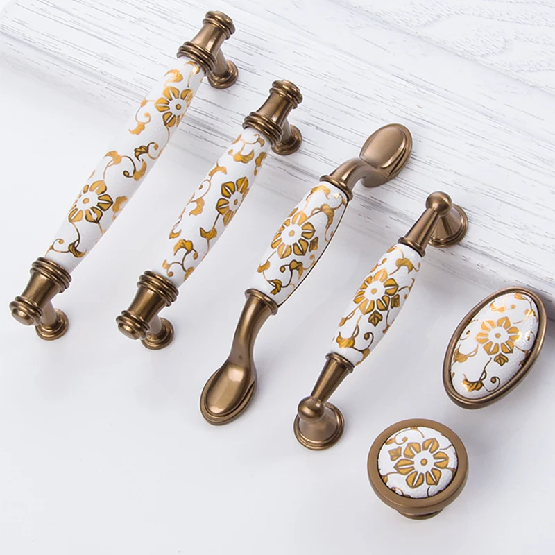 Rose Gold Cabinet Knobs White Ceramic Door Handle European Antique  Furniture Drawer Pulls Kitchen Cabinet Knobs and Handles