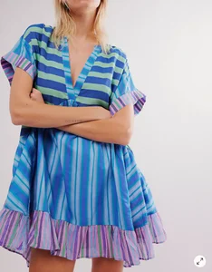 Fashion Floral Printed Rayon Crepe Loose Silhouette Piece Dress Short Sleeve Deep V-neck Flowy Fit Ruffle Women