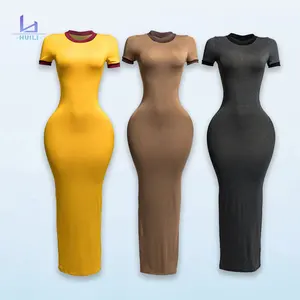 Huili Manufacturer Oem Hiqh Quality Crew Neck Short Sleeve Bodycon Straight Knitted Womens Long Dresses Custom Ribbed Maxi Dress