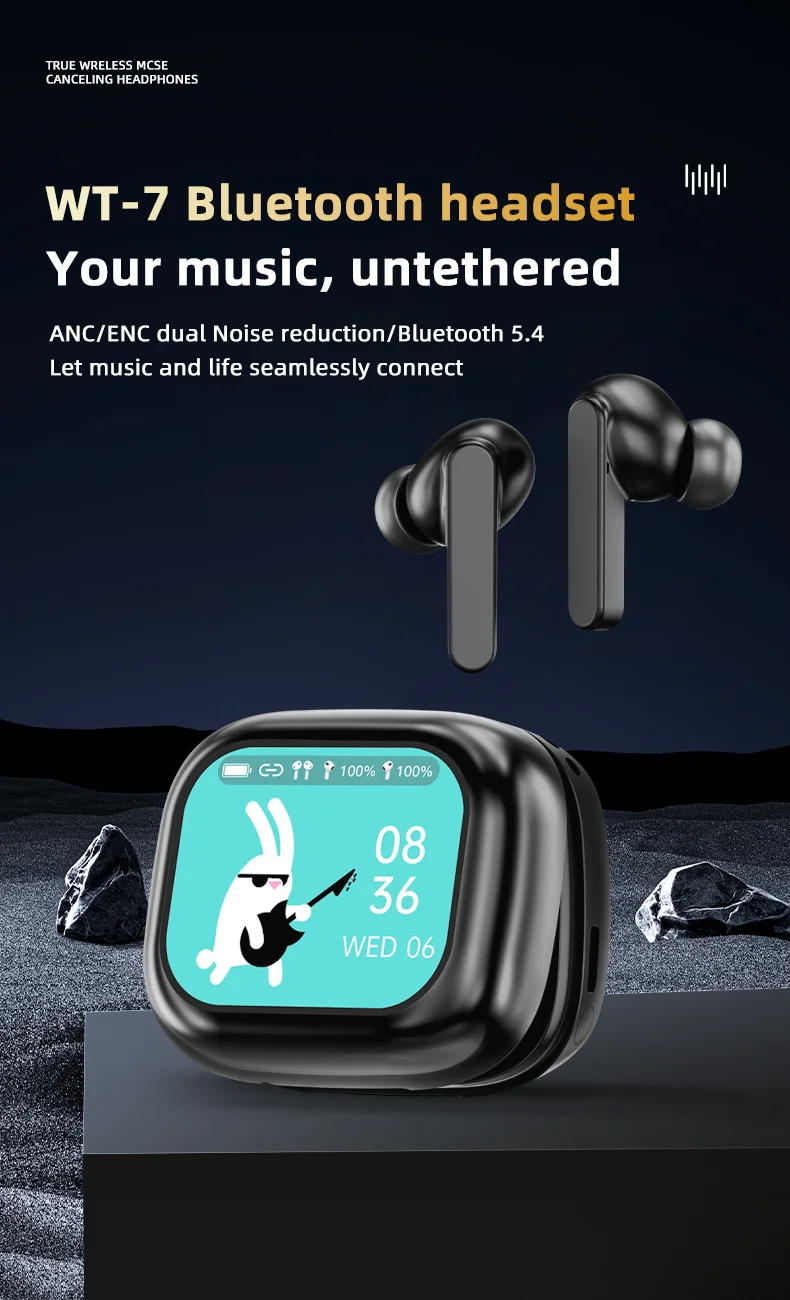 TWS WT-7 Earphone Wireless BT V8 Earbuds ANC Noise Cancelling Headphone In Ear Touch Screen Controls Headset