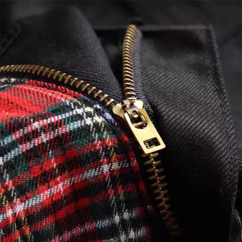 Custom New 2024 Fashion Stitching Color Matching Black Men's Jeans Red Plaid Stitching Non-elastic Jeans Pants manufacture