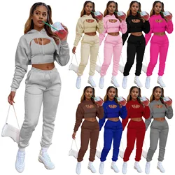 Stylish Plain Hoodie Crop Top And Pants Jogging Suit 3 Piece Ladies Tracksuits Apparel Set