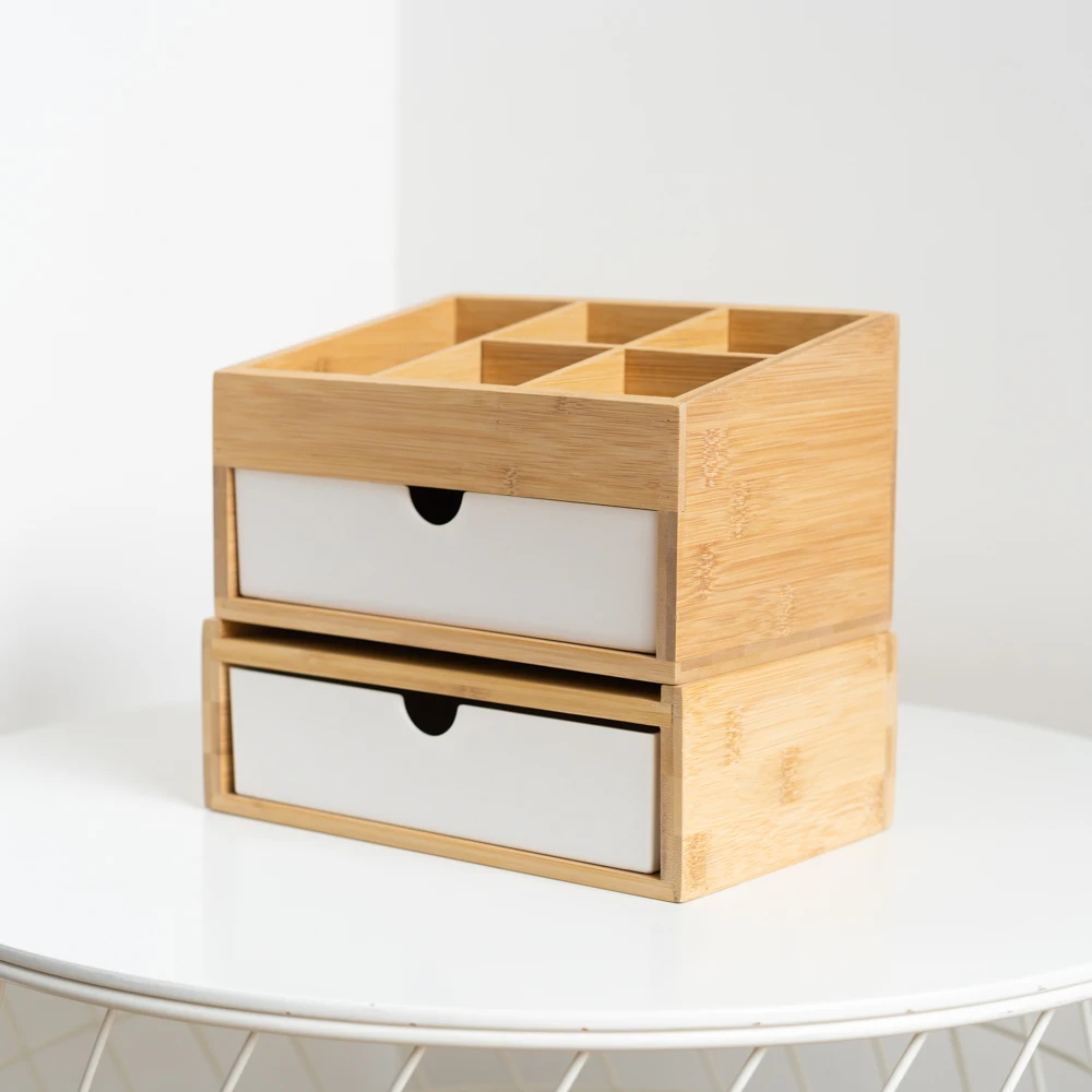 Large capacity Eco-friendly multi-function bamboo desktop makeup organizer office storage box with drawers