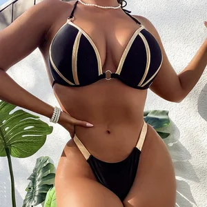 Fashion Women 2 Piece Set Print Halter Push up Bikini Swimsuit with Front Logo Binding Trim