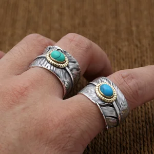 Customized Men Ring Punk Stainless Steel Feather Open Cuff Wedding Rings Wholesale Ring with Stone