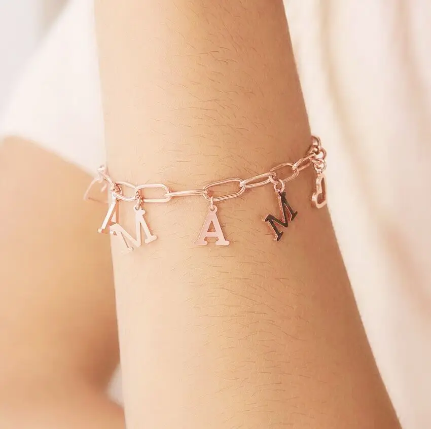 Custom Personalized Initial Monogram Link Chain Bracelet Stainless Steel 18K Gold Plated Letter Bracelet Jewelry for Gifts