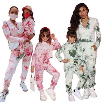 2021 Autumn Customized new mother and daughter matching suits casual parent-child wear tie dye mom and me clothing