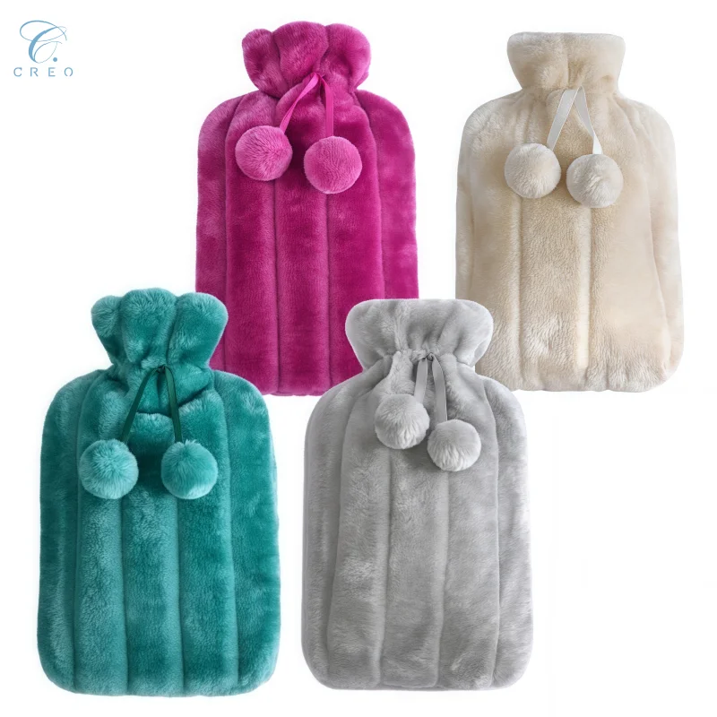 Fashion Large Capacity Leak-Proof Refillable Hot Water Bag with Detachable Pom-Pom Decor Fur Cover for Hands and Body Warmth