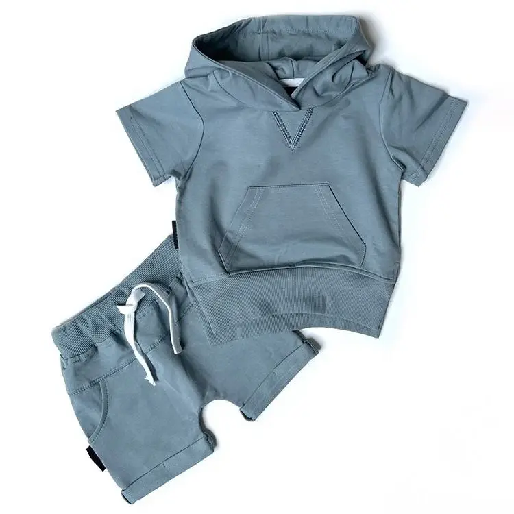 L801065 Custom Logo Blank Plain Short Sleeve Hoodie Set Boy and Girls Kids  Children Clothing Boys Hoodies&Sweatshirts Toddler