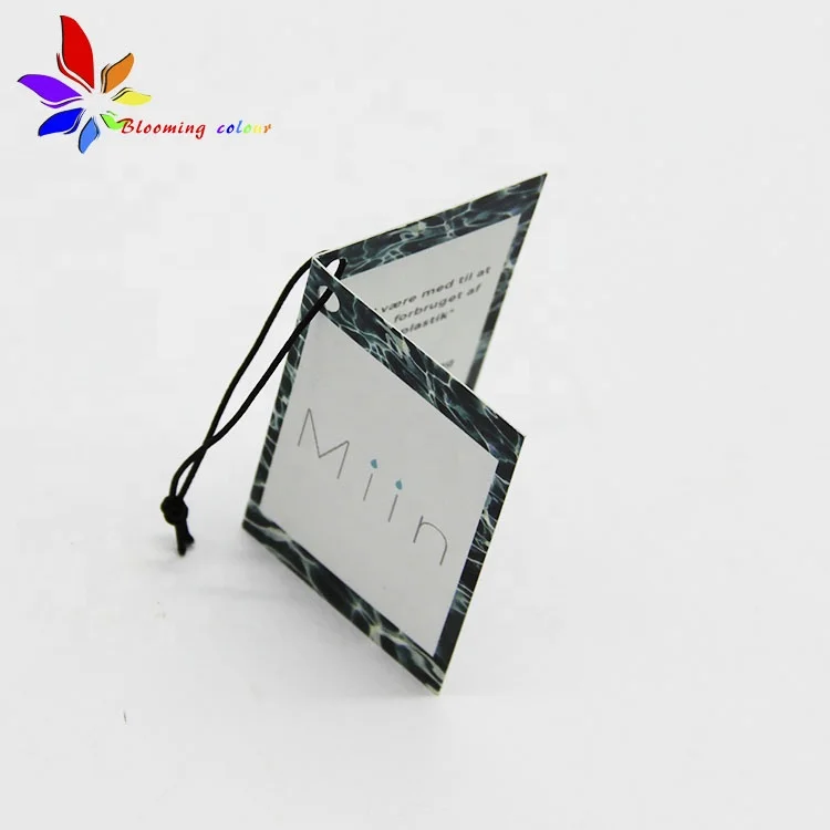 Vendor Custom Printed Logo Folded Paper Tag Garment Hang Tags With Elastic String