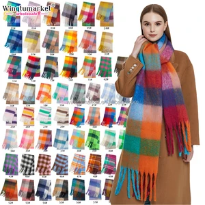 Wholesale Custom logo Scarves Colorful Boucle Shawl Tassels Winter Warm Thick Plaid Faux Fur Fleece Mohair Scarf for Women