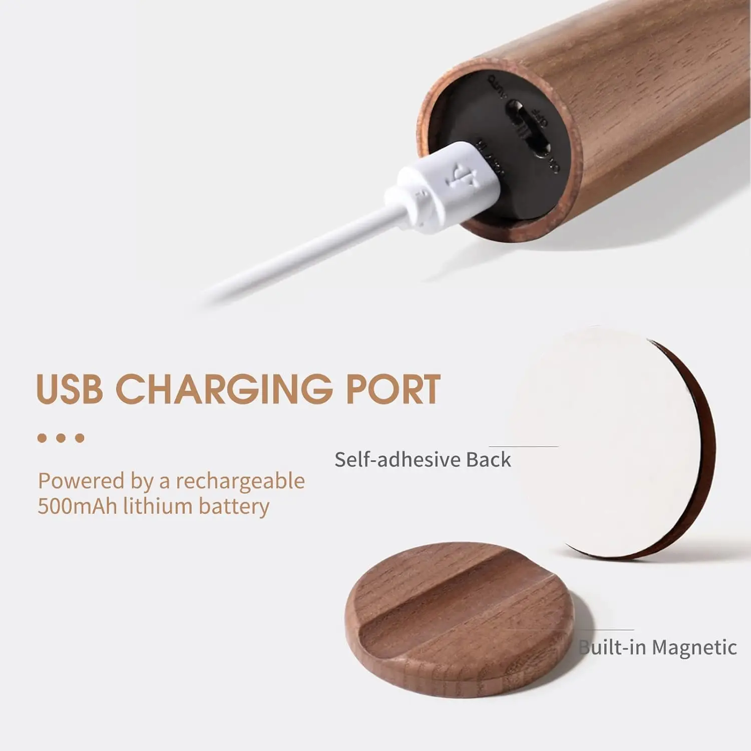 USB Rechargeable Wooden Magnetic Wall Lamp – 360° Swivel, 3 Brightness Levels, 800mAh Battery, Portable & Eye-Friendly For Bedroom Or Hallway
