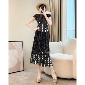 2026 Summer New Women's Comfortable All-Season Casual Pleated Skirt Set Daily Wear Long Lace Dot Printed Chiffon Fashionable