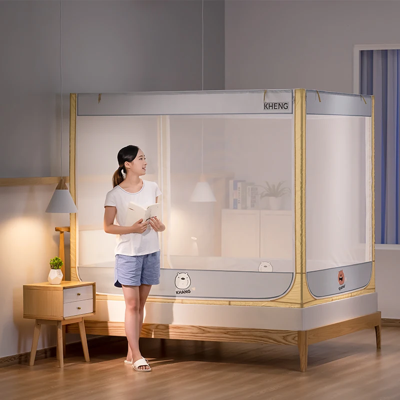 Kheng Elegant Dual-Color Anti-Fall Mosquito Net with Zipper Door Protective Bed Canopy for Bedrooms