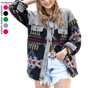 Wingtu Market Aztec Coats Custom Western Tribal Print Tweed Winter Outwear Raw Trim Washed Corduroy Shacket Jackets for Women