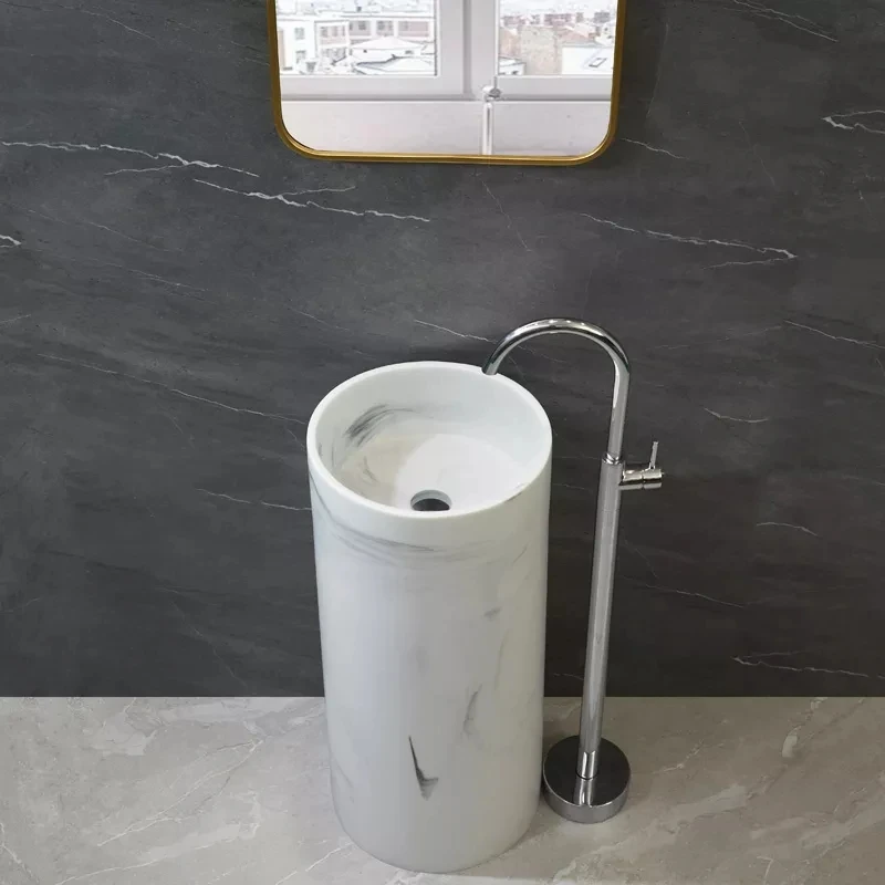 Marble white artificial stone cylindrical round one piece bathroom sink freestanding pedestal hand wash basin details