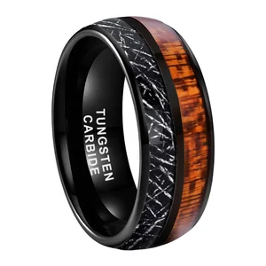 Coolstyle Jewelry 8mm Domed Meteorite Natural Wood Inlay Black Tungsten Ring for Men Women Fashion Engagement Wedding Band