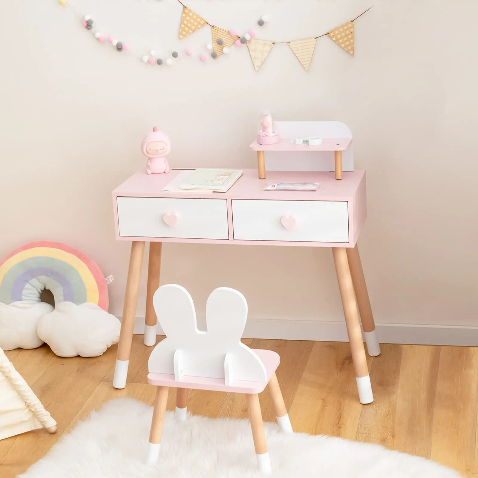 Nordic Modern Design Wood Dresser MDF Panel Vanity Set with Mirror for Kids for Home or Hotel Bedrooms