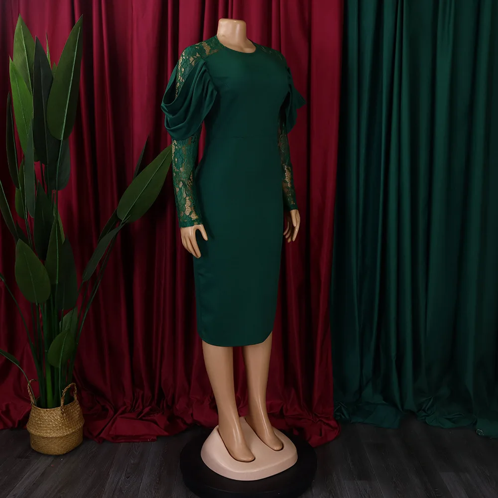 D443 Fashion Style Elegant Dresses Women Casual Office Lady Dress Lace  Sleeve Patchwork Slim African Dresses for Women Clothing