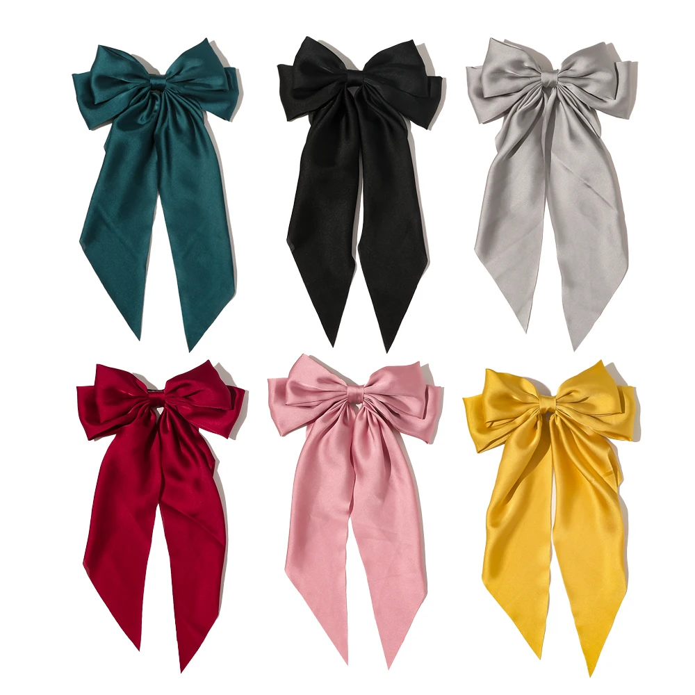Korean Style Long Ribbon Big Bow Satin Hairpins Girl Simple Versatile Spring Hair Clip Women Daily Elegant Hair Accessories