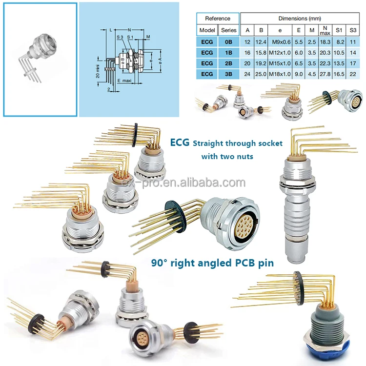 2B Medical Equipment Connector Fixed Socket With Two Nuts Elbow 90 Angle Contact for PCB Circular Precision Connector