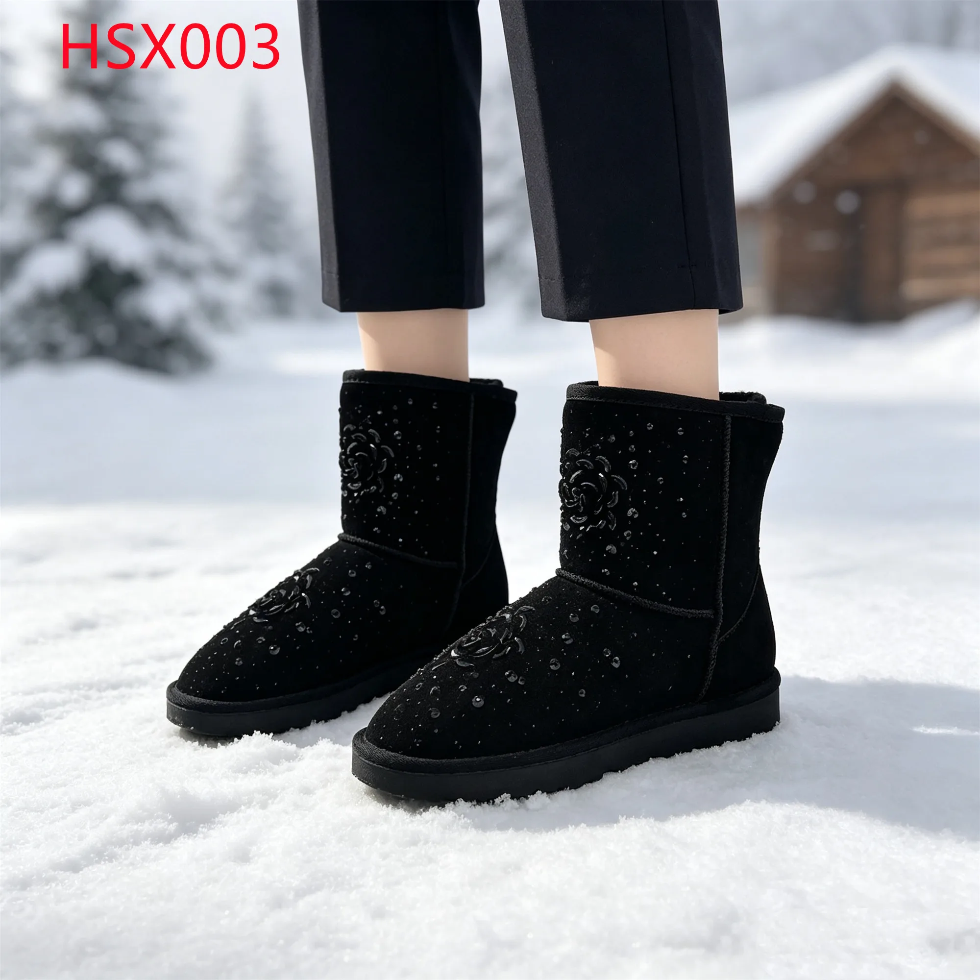 LXG,Urban Winter Sparkling Diamond Design Hua Singh Snow Boots Ice Wind Roadside Anti-slip TPR Sole Warm Lady Midi Boots HSX003