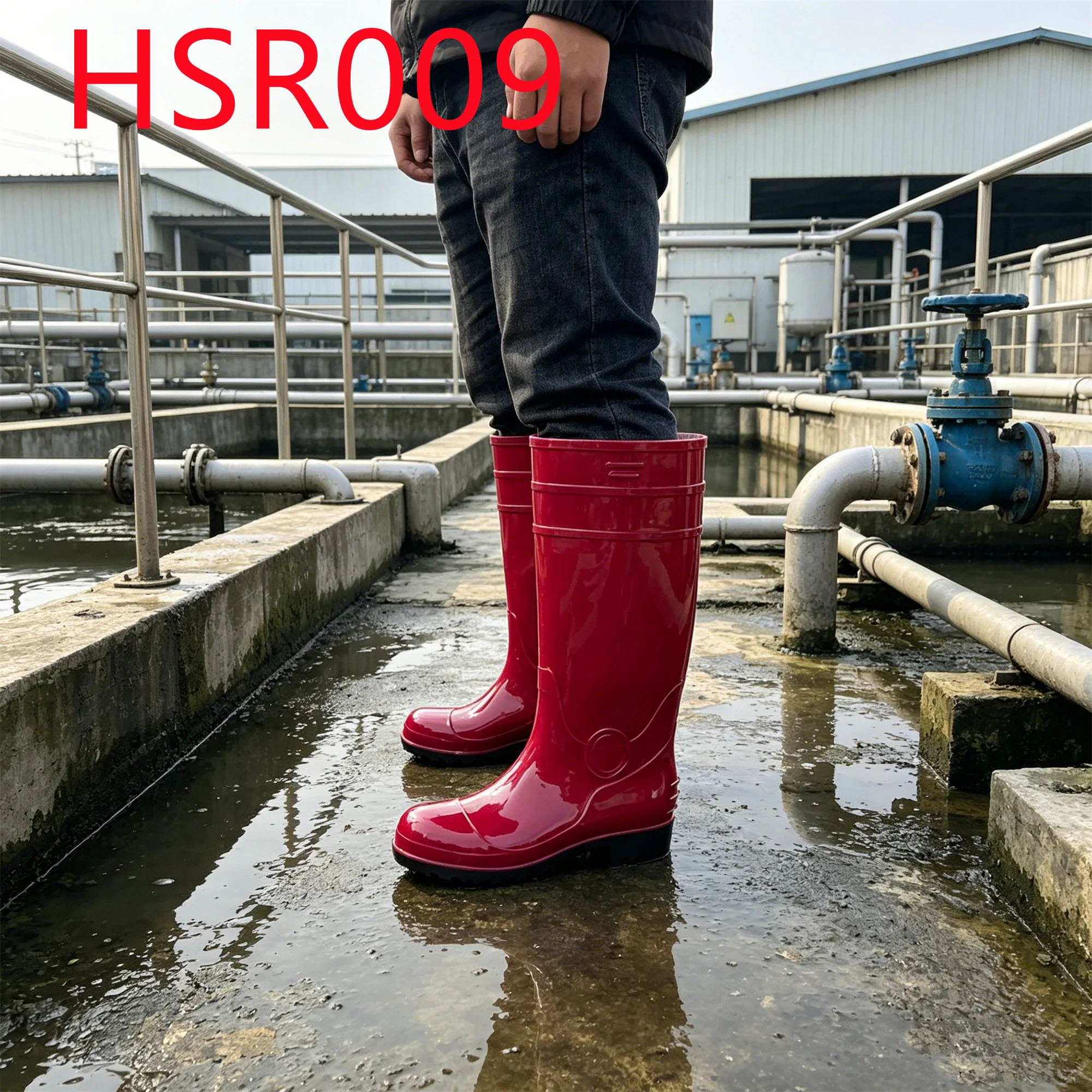 HY,Factory Price High Quality SRC Standard Red Mud Boots Walking in Damp Areas One-piece Moulded PVC Work Rain Boots HSR009