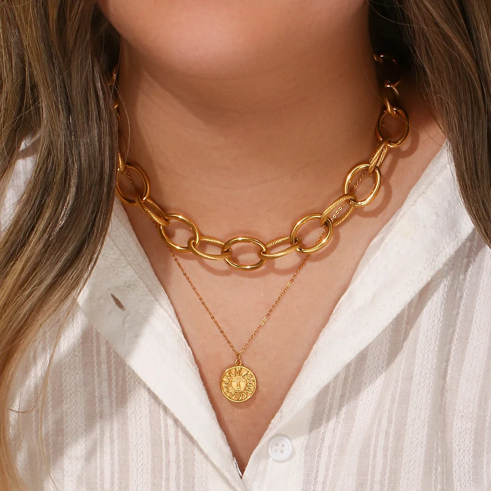 Vintage Big Hand Made Gold Plated Hoop Chain Choker Necklace Stainless  Steel Coin Sun Pendant Necklace Stacked Necklace Set
