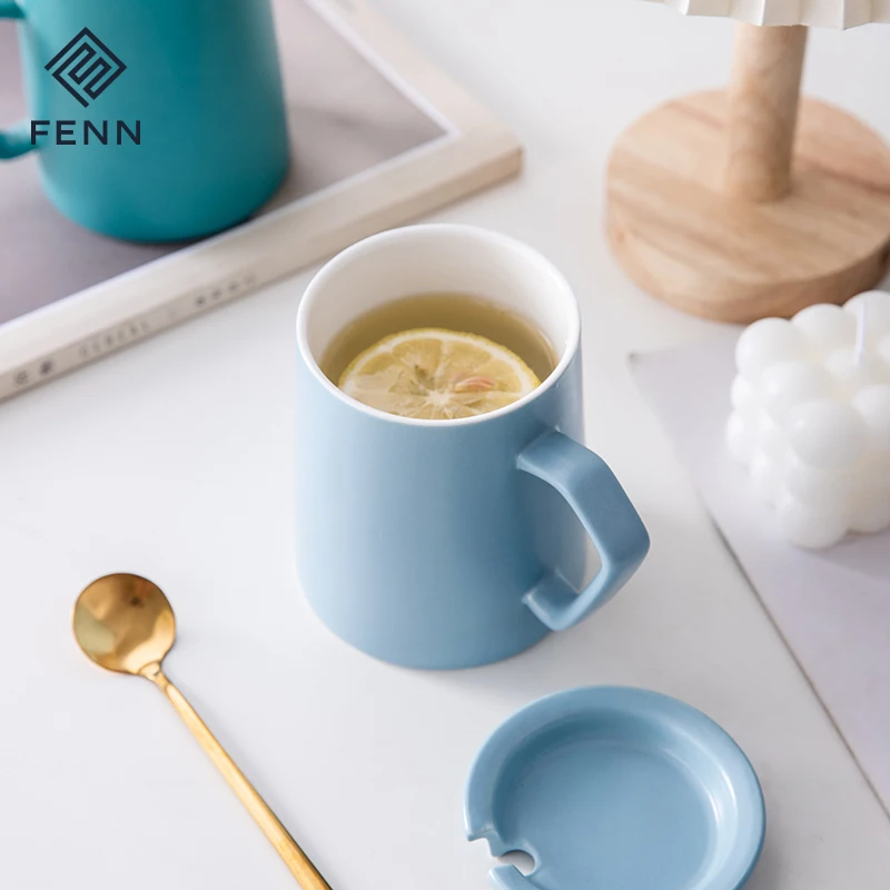 FENN Home Office Used Blue Color Unique Handle Porcelain Mug 350ML Matte Glaze Ceramic Coffee Water Mugs Cups With Lid