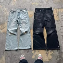 Custom Men Rivet Decoration Flare Washed Vintage Denim Baggy Jeans Pants