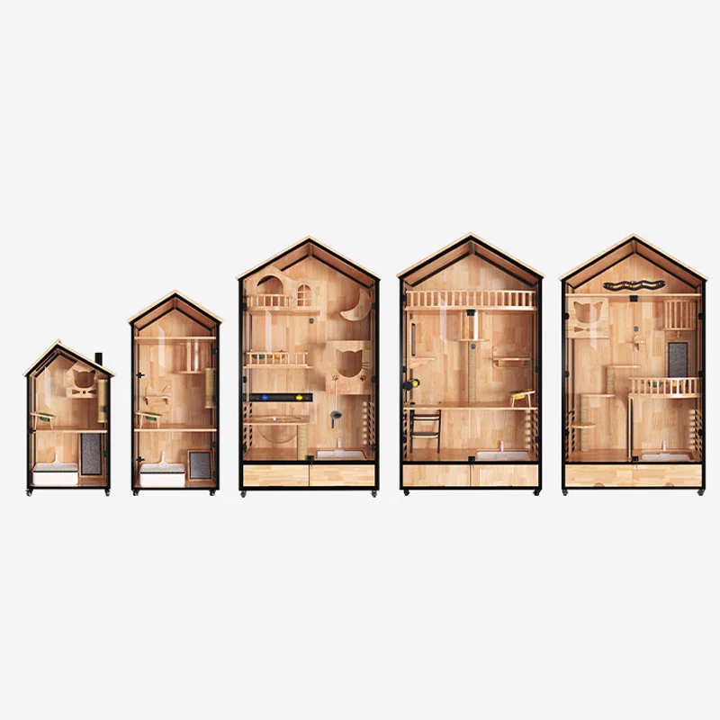 Panoramic Luxury Home Large Pet Indoor Japanese Style Cat House Cabinet Solid Wood Cat Villa Cage
