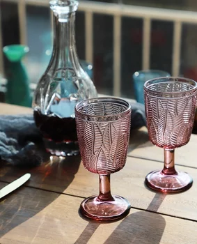 Red Wine Glass Set of 2 350 ml Orange Pink Goblet Retro Embossed