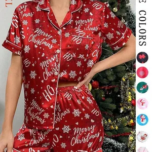 Christmas Custom Made Ladies Two-piece Pajamas Breathable Elastic Waist Candy Print Short Sleeved Lapel Trousers for Summer