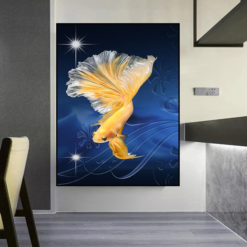 Abstract HD Luxury Gold Fish With Sequins Artwork Wall Picturess for Home Decor Cuadros Living Room Decoration Canvas Painting
