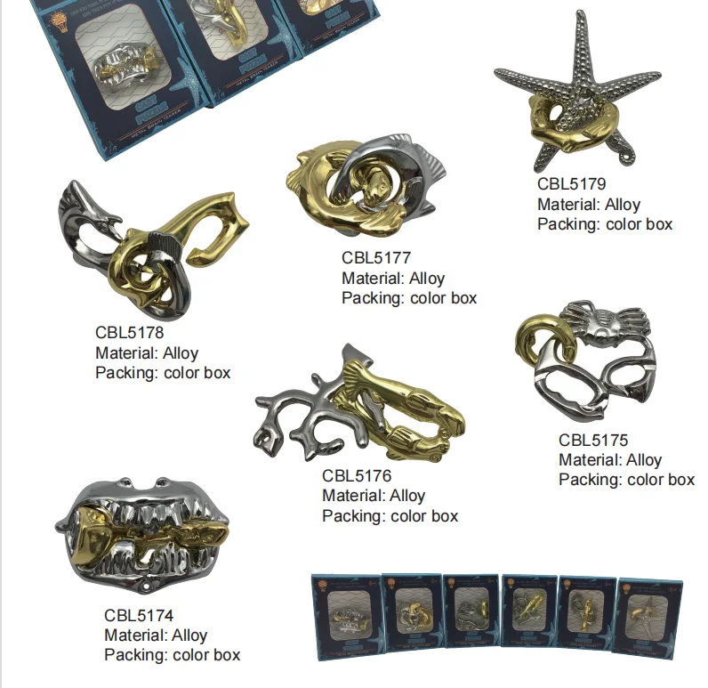 Metal 3d Puzzle Pieces Iron Puzzle Brain Teaser Gold Silver Bepuzzled Starfish Claw Seabream Shark Seahorse Cast Metal Puzzle