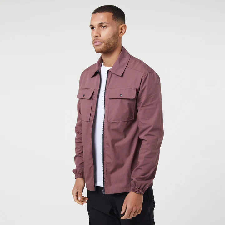 Customize Men Woven twill fabric in center zipper and flat patch pockets style Utility Overshirt jacket_voghion.com